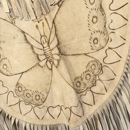 Vintage 70s Poncho Tan Suede Leather Fringe Floral Butterfly Boho Western Folk - Picture 3 of 9
