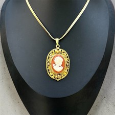 Vintage Cameo Necklace Victorian Revival Gold Tone Pendant Sarah Cov Chain 18