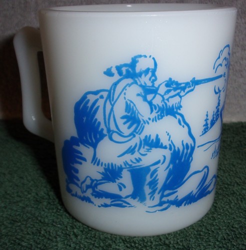 Vintage Davy Crockett Blue Child's Milk Glass Dishes Set - Bowl, Mug & Glass - Picture 7 of 11