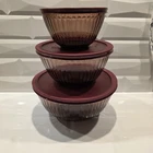 (3) Pyrex Corning “Cranberry” Ribbed Nesting Mixing Bowls With Lids