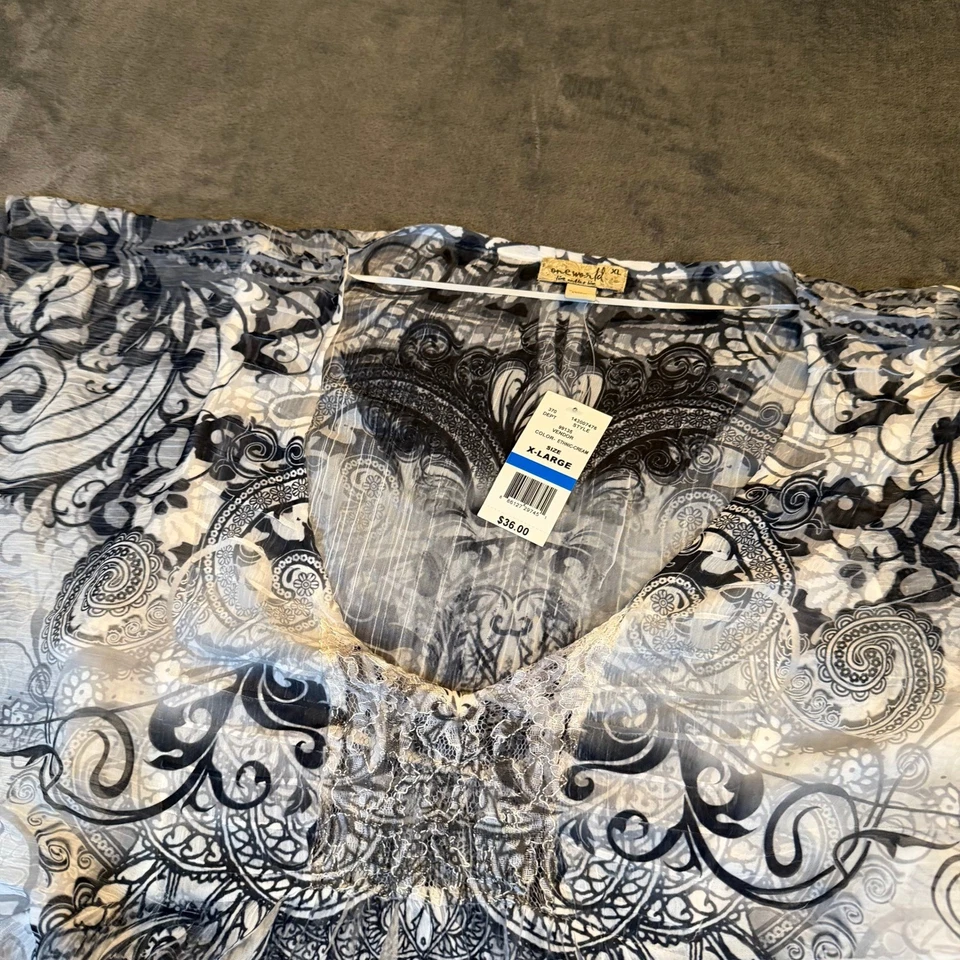 Top túnica One World étnico crema estampado cachemir superpuesto transparente para mujer XL NUEVO CON ETIQUETAS Foto 2 de 4