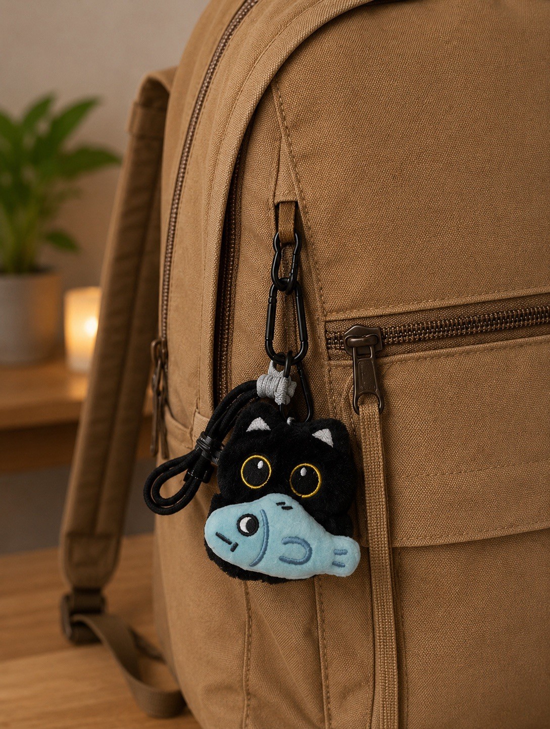 Plush Black Cat Key Chain w/ Blue Fish, Embroidered Novelty Lanyard Charm