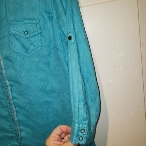 Junior's sz S Blue Long Sleeved Snap Button Down Shirt Arizona Fold Up Sleeves - Picture 3 of 7