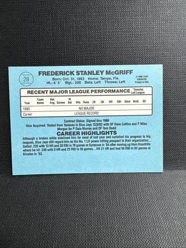 1986 Donruss Fred McGriff Rated Rookie #28 (RC) Blue Jays Baseball A3F - Foto 2 di 2