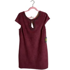 Vince Camuto Sheath Burgundy Faux Suede Lined Beaded Mini Dress Sz 14  NEW