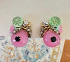 Vintage Signed Miriam Haskell Gold Tone Pink Green Glass Clip Earrings Gold Tone