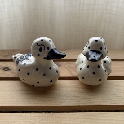 Polish Pottery Duck Figurines Set of 2 White Blue Polka Dot Floral WIZA 20