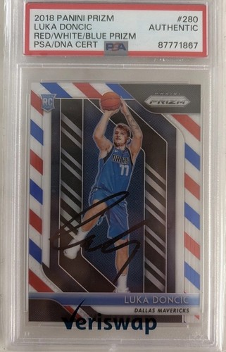 2018 Panini Prizm #280 Luka Doncic Red/White/Blue Rookie Auto PSA Authentic 