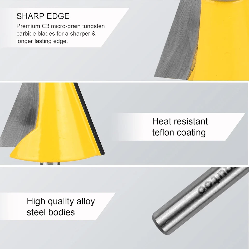 3 Piece Chamfer Router Bit Set Kit, 1/4" Shank, 15, 22.5, 30 Degree Cutting Angl - Image 3 of 4
