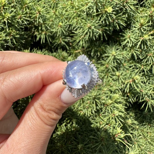 Vintage Platinum GIA 13.89ctw Cabochon Nice Blue Star Sapphire w/ Diamond Ring - Picture 2 of 15