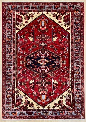 Vintage Zanjan Tribal Wool Area Rug 4x7 Hand Knotted Red Blue Birds Geometric