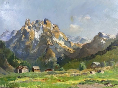 Huile sur panneau signée Paysage de montagne Ecole Française Alpes Suisse - Photo 1/4