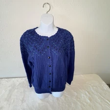 Herman Geist Cardigan Sweater Women L Blue Hand Embroidered Wool Grandma Cabin