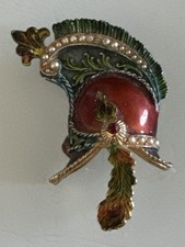 Vintage Signed ART Helmet Roman Warrior Enamel Brooch With Pearls 