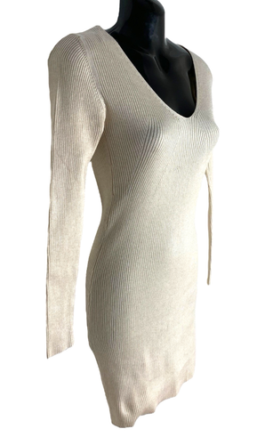 Stradivarius Dress Women's UK Size XS Cream Ribbed Knee Length V Neck - Picture 2 of 6