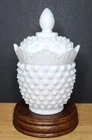 Fenton Style Milk Glass Hobnail Sugar or Candy Bowl with Lid 5.5 in tall