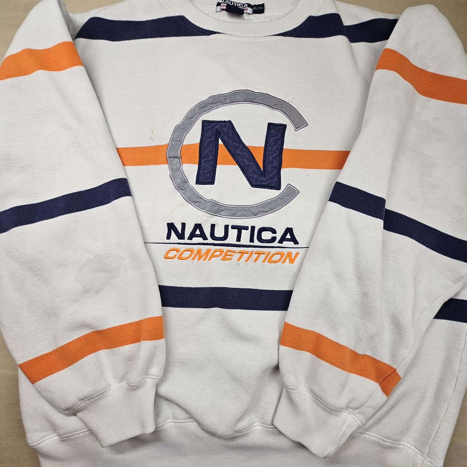 Vintage Nautica Competition Sweatshirt XL Tall Spellout Logo Striped 90s E