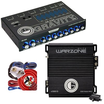 Gravity E3500.1D Warzone 3500W Amp + GR-EQ9 7 Band Equalizer+ 0 Gauge Wiring Kit