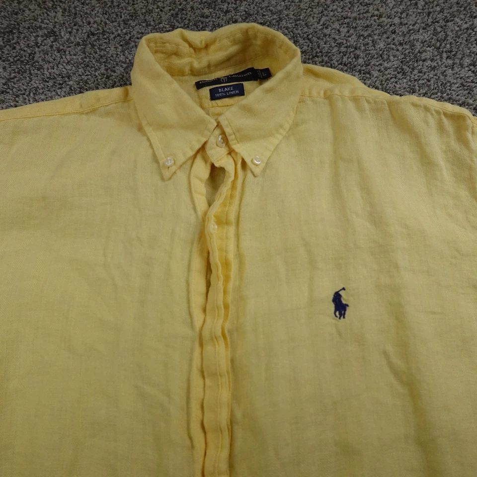 VTG Ralph Lauren Shirt Mens L Yellow Pony Blake Linen Short Sleeve Button Down - Image 3 of 4