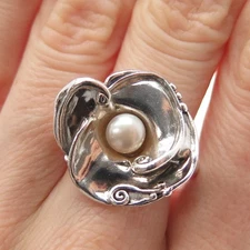 HAGIT GORALI 925 Sterling Silver Vintage Real Pearl Flower Modernist Ring Size 7