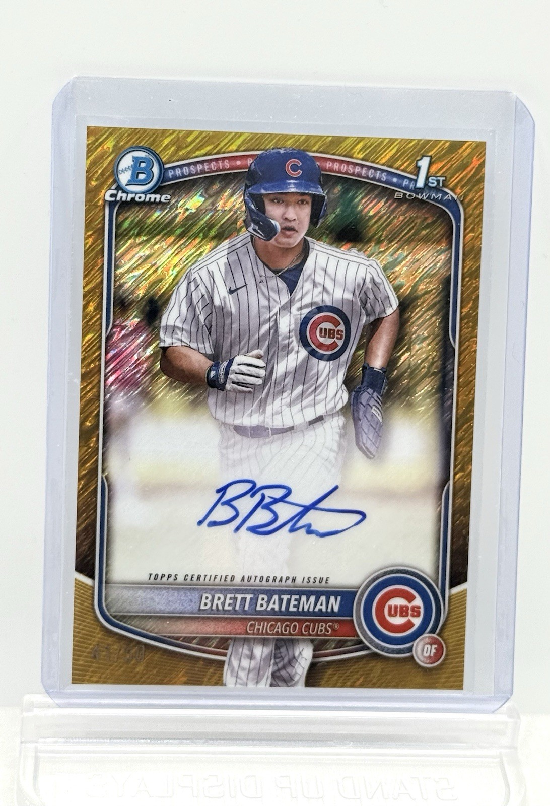2025 BOWMAN CHROME BRETT BATEMAN 1ST BOWMAN GOLD SHIMMER REFRACTOR AUTO # /50