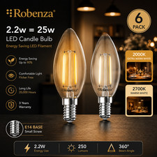 LED 2.2W=25W E14 Filament Candle Bulb 2000K 2700K Decoration Lamp UK -Pack of 6