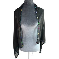 Whimsigoth- Black Sheer Shawl- with blue beaded trim with floral sequin- fairy
