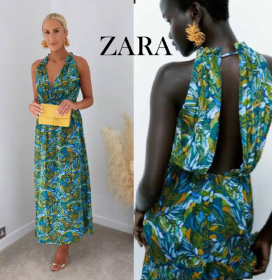ZARA Blue Green Floral Leaf Tropical Print Open Back Maxi