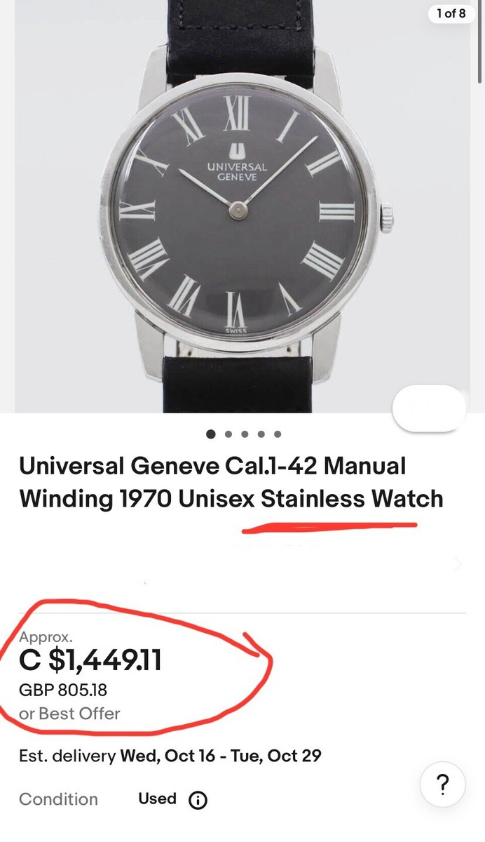 Montre Vintage Universal Genève Calibre 1200 Années 50 - Mécanique, Boîtier Chrome, Bracelet Cuir Marron