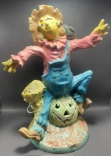 VTG '77 Byron Mold Ceramic Scarecrow Sitting On Pumpkin Jack O Lantern 12” Decor