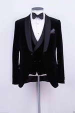 Men Black Suits Velvet Designer Elegant Wedding Dinner Suits Coat Pant Vest 