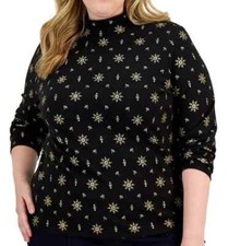 Karen Scott Size 2X Black  Gold Snowflake mock neck knit top, long sleeve, NWT