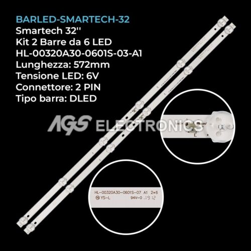 2 STRIP KIT 6 LED TV SMARTECH CX32D06-ZC22AG-04/05 JL.D32061330-006AS-M - Picture 1 of 1