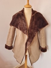 Stunning Jlo Jennifer Lopez Coat Faux Fur Suede Wrap Fits Uk 10 12 Beige Brown
