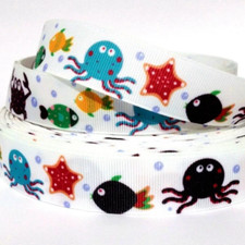 GROSGRAIN RIBBON 5/8",7/8",1.5", 3" Sea Crabs Starfish Fish Octopus Printed BULK