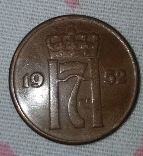 1952 Norway 5 Ore Haakon VII Crowned Monogram Bronze Coin!FREE SHIPPING