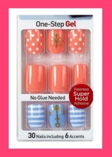 Kiss imPRESS Press-On Gel Nails FUNKY TOWN Nautical Coral White Blue Stripe Dot!