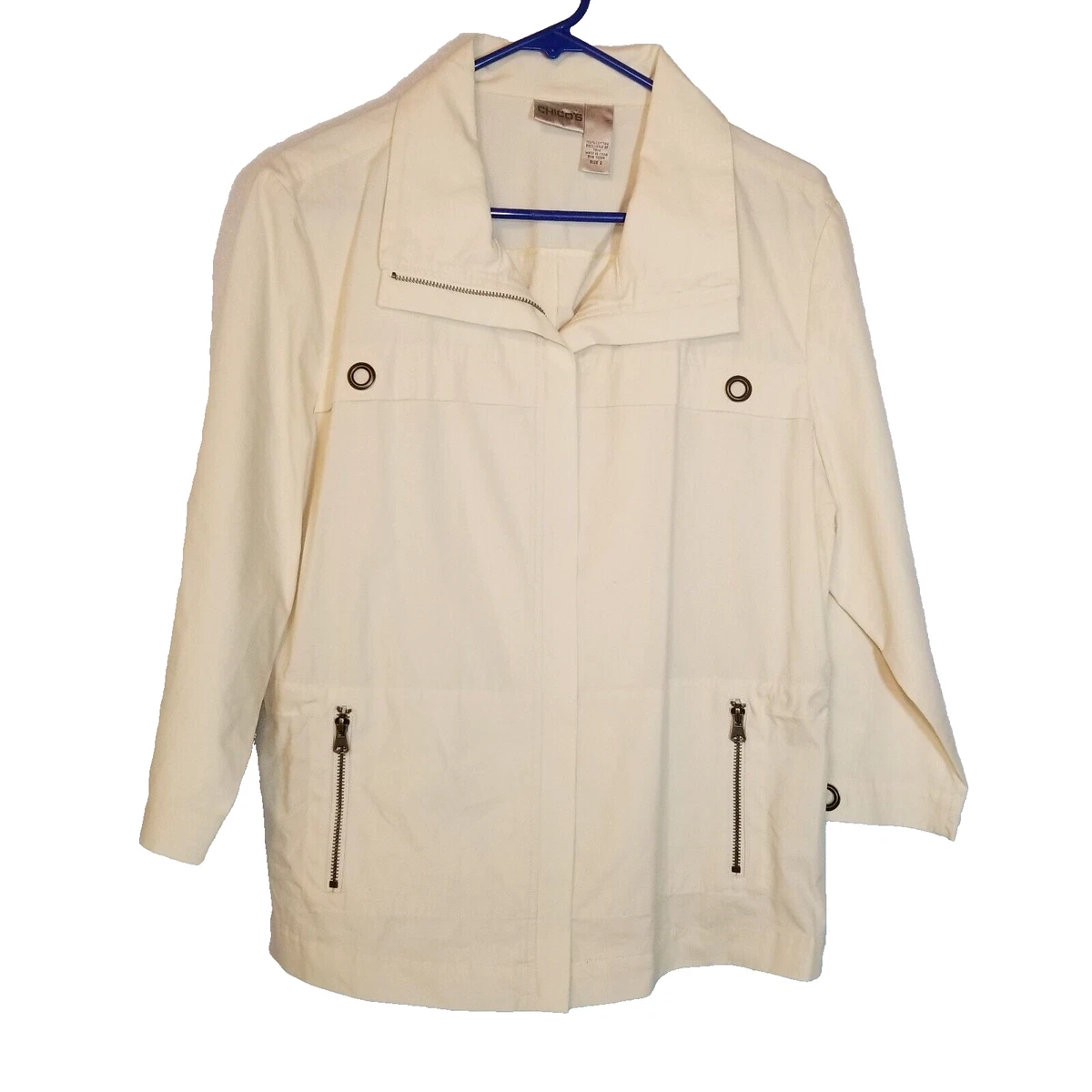 Chico's 100% Cotton Cream Zip Front Jacket Inside Drawstring Long Sleeve Size 2
