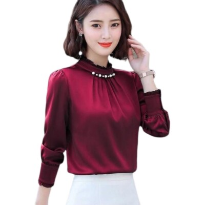 Damen Chiffon Hemd Satin-Top Beaded Business Formal Pullover Plissee Bluse Chic/