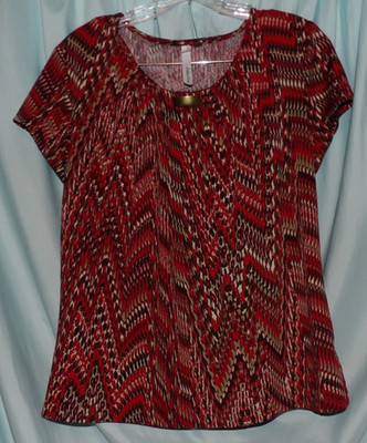 NY Collection Red Geometric Round Neck Cap Sleeve Knit Blouse Women's Size M