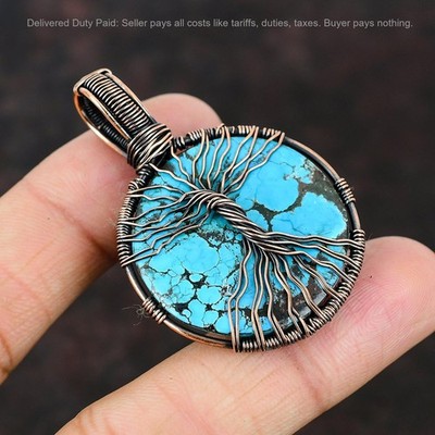 Copper Tibetan Turquoise Gemstone Handcrafted Wire Wrapped Tree Of Life Pendant