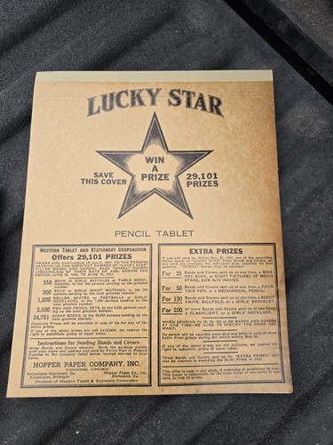 1940's Vintage Lucky Star Pencil Tablet "Win A Prize" New Old Stock - Afbeelding 1 van 3