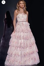 42190 Jovani Formal Floral Prom Fairy Evening Ball Gown 14 White Pink Floral New
