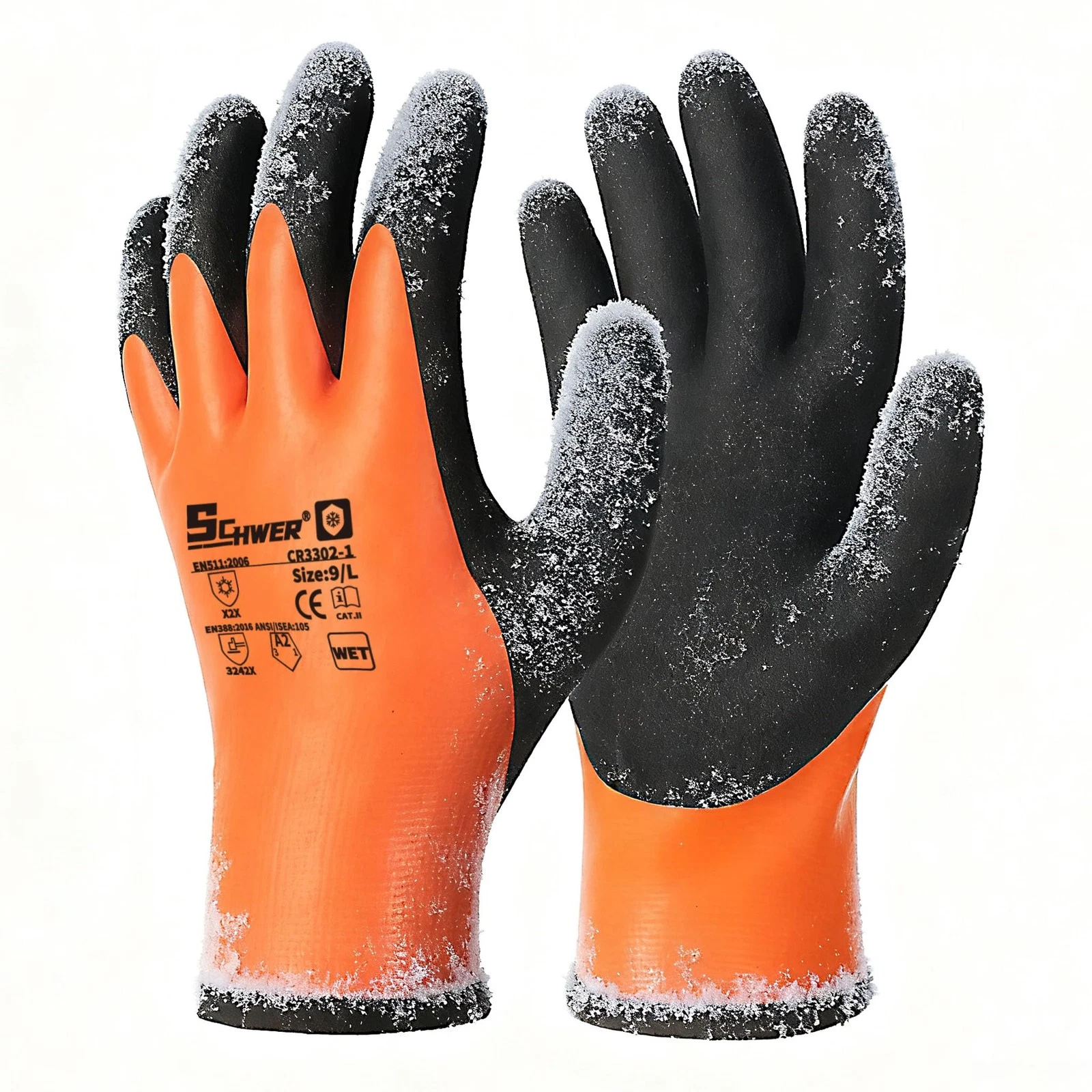 Schwer 2 Pairs 100% Waterproof Winter Work Gloves, ANSI Large, Orange