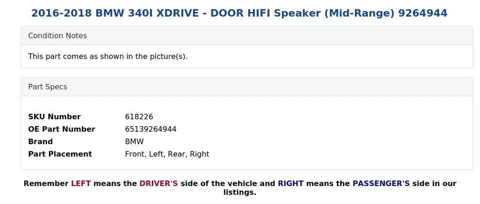 BMW 340I XDRIVE 2016-2018 - Altavoz HIFI de puerta (rango medio) 92644944 Foto 4 de 4