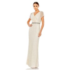 Mac Duggal NWT Beaded Butterfly Sleeve Column Gown in Nude Silver Sz 14