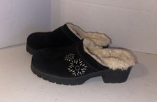UGG Black Suede Leather Clogs Sherling Slip On Block Heel Size 7 Sherpa Mules
