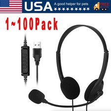 USB Headset Headphone Microphone Noise Cancelling For PC Computer Call Chat Lot