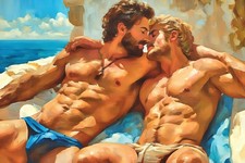 Quadro originale gay LGBTQ art giclée "Rob & Allen In Mykonos" firmato/numerato