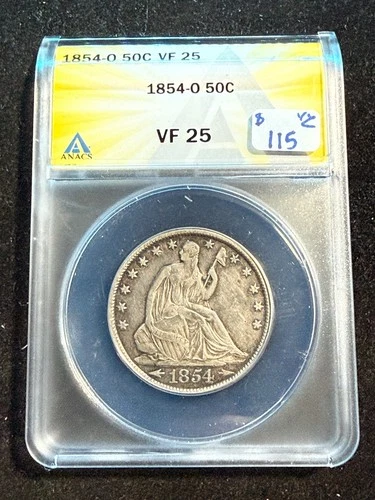 1854 O SEATED LIBERTY HALF DOLLAR ANACS VF 25 997